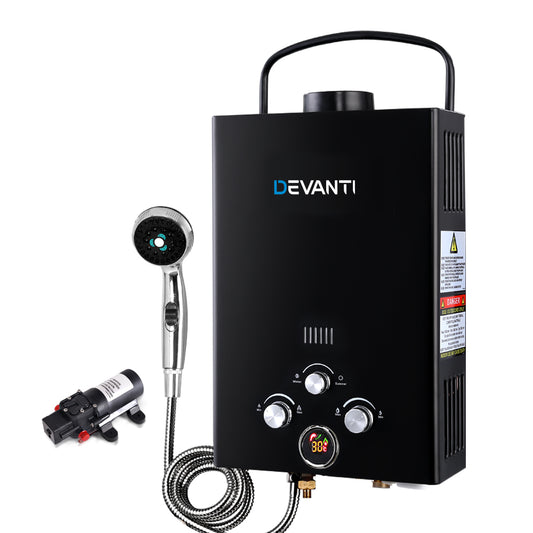 Outdoor Portable LPG Gas Hot Water Heater Shower Head 12V Water Pump Black - image1