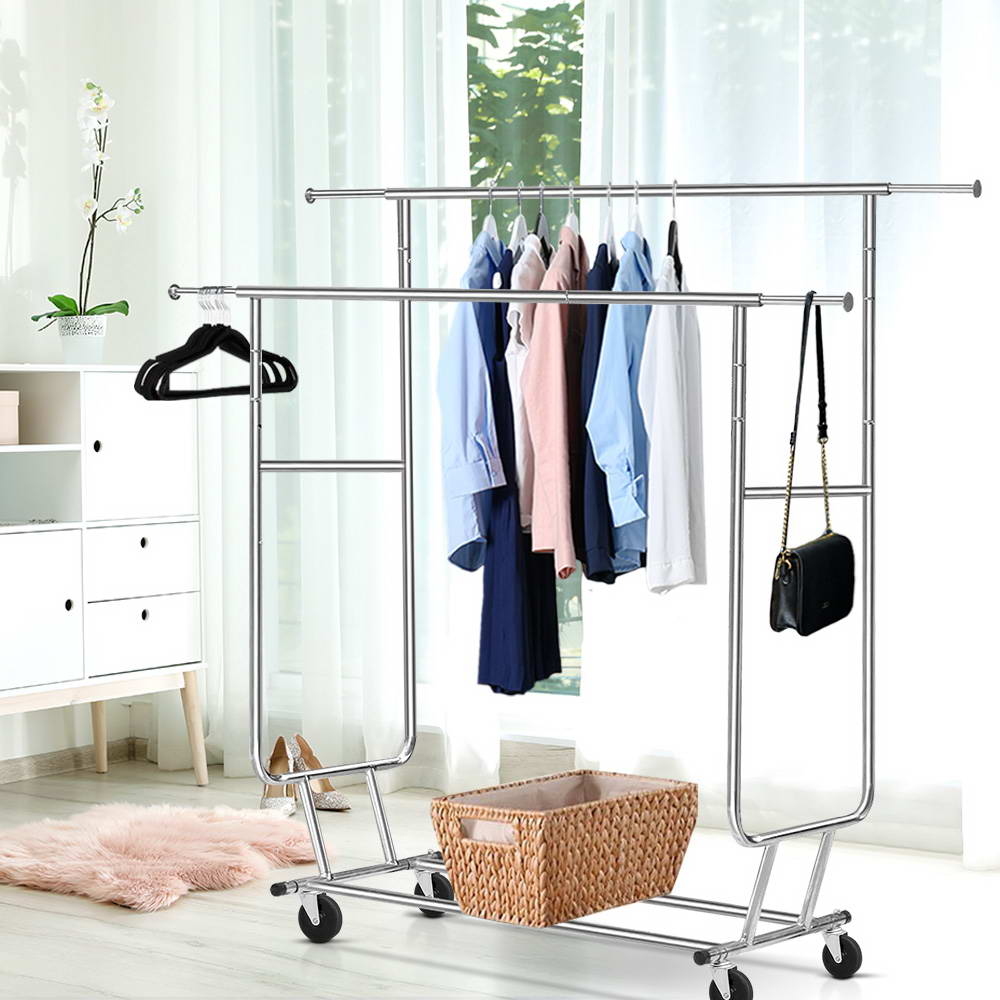 6FT Double Rail Clothes Rack Coat Stand Adjustable Garment Rolling Hanger - image7