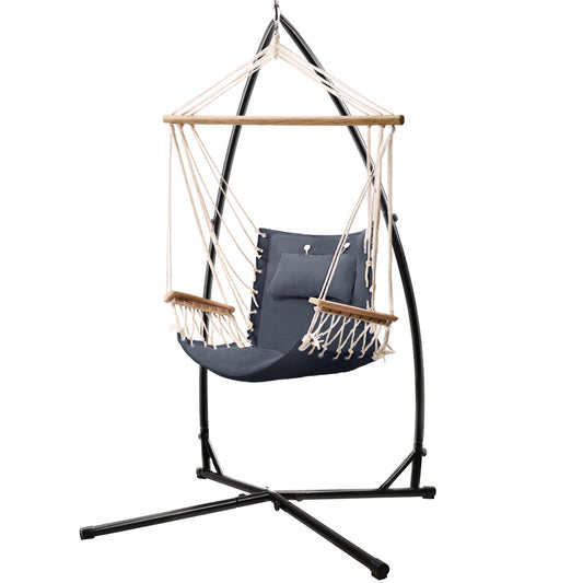 Gardeon Outdoor Hammock Chair with Steel Stand Hanging Hammock Beach Grey - image1