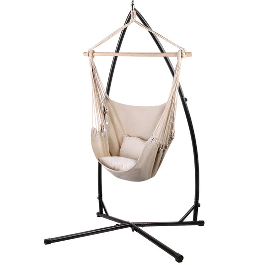 Gardeon Outdoor Hammock Chair with Steel Stand Hanging Hammock with Pillow Cream - image1