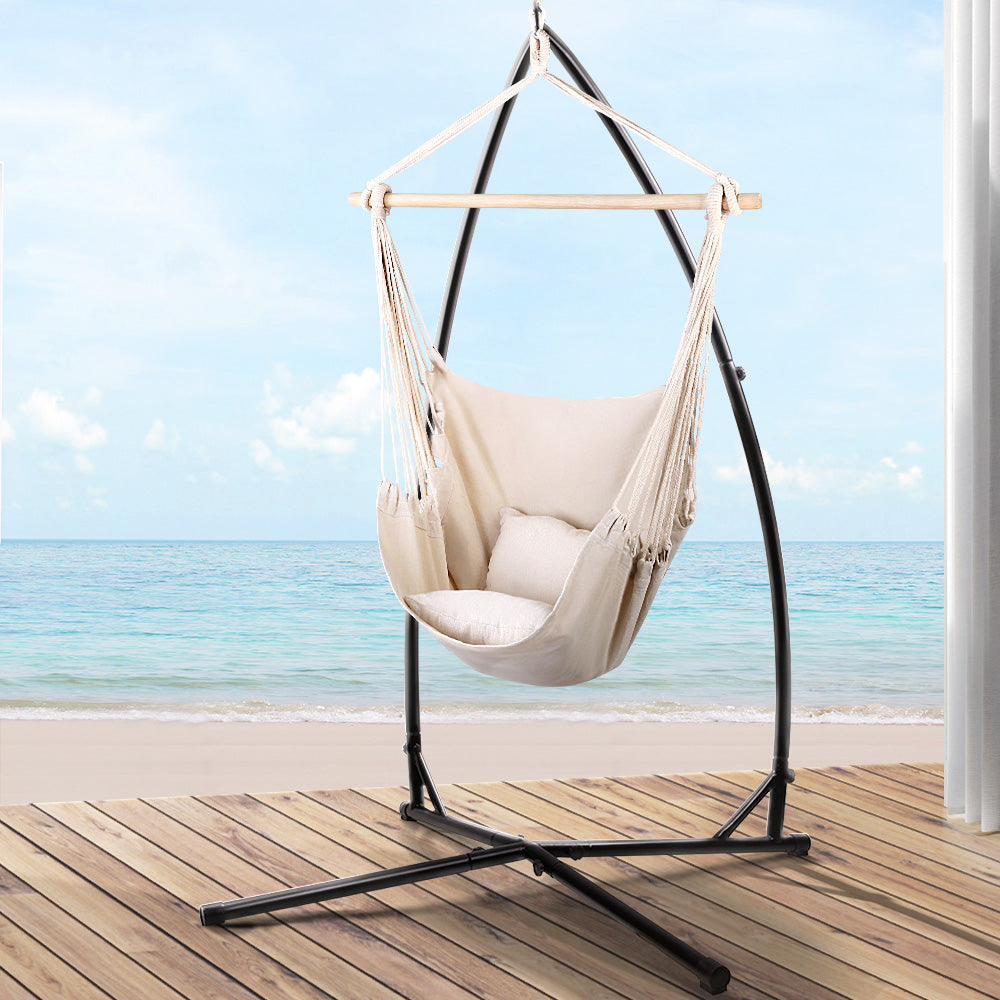 Gardeon Outdoor Hammock Chair with Steel Stand Hanging Hammock with Pillow Cream - image8