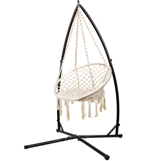 Gardeon Outdoor Hammock Chair with Steel Stand Cotton Swing Hanging 124CM Cream - image1
