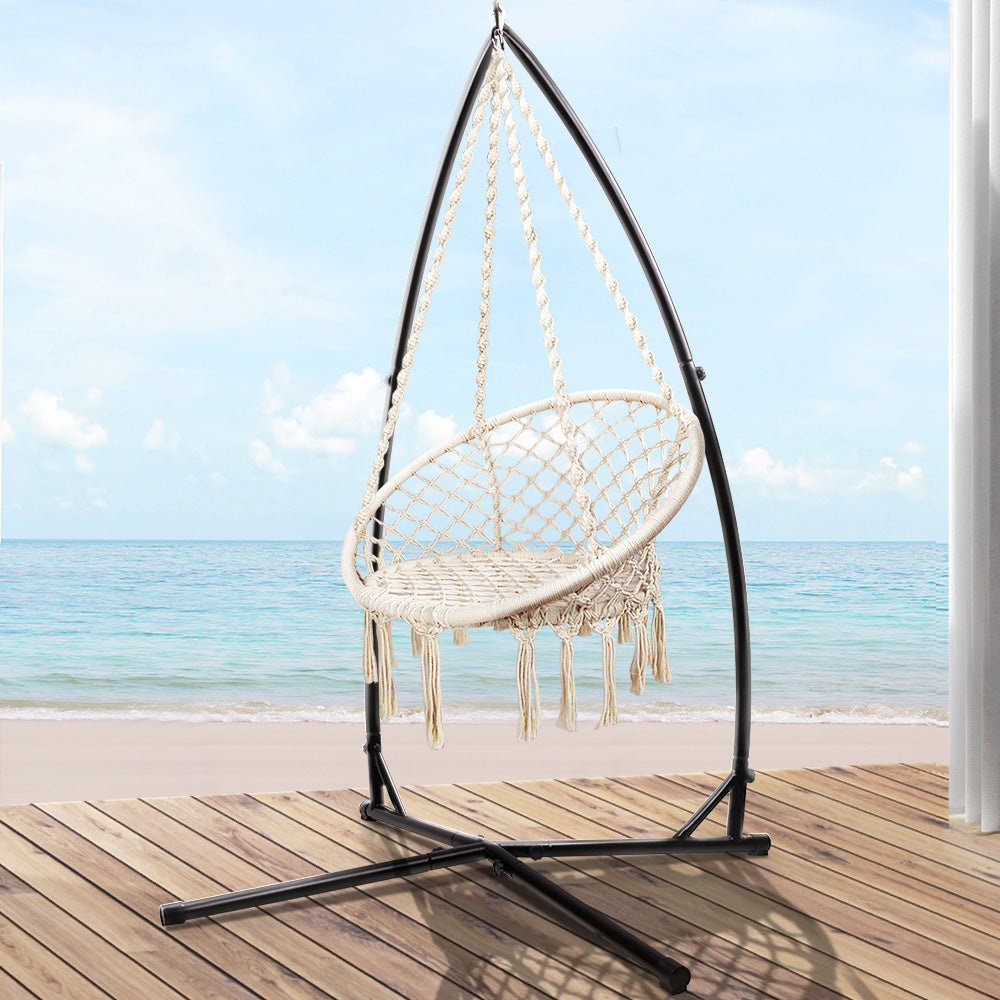 Gardeon Outdoor Hammock Chair with Steel Stand Cotton Swing Hanging 124CM Cream - image8