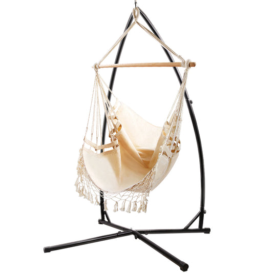 Gardeon Outdoor Hammock Chair with Steel Stand Tassel Hanging Rope Hammock Cream - image1