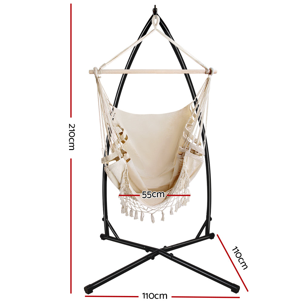 Gardeon Outdoor Hammock Chair with Steel Stand Tassel Hanging Rope Hammock Cream - image2