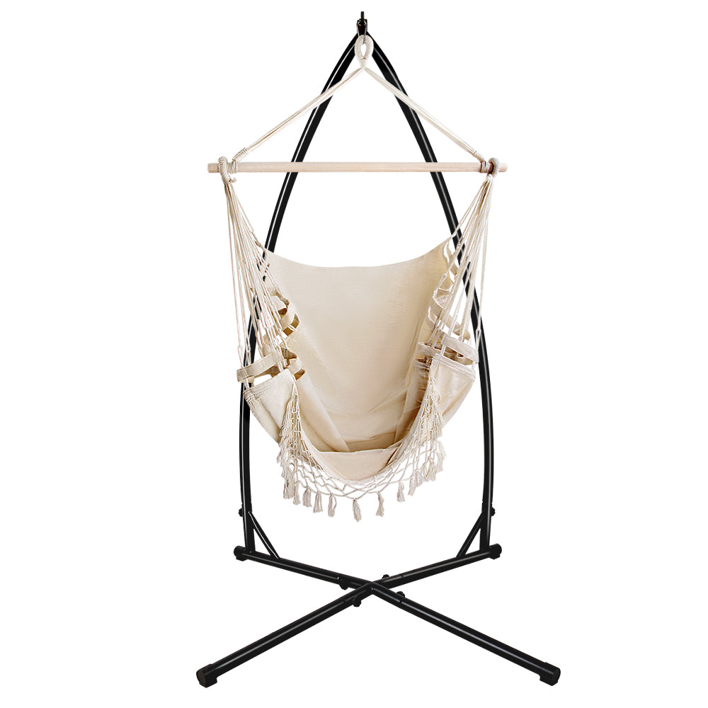 Gardeon Outdoor Hammock Chair with Steel Stand Tassel Hanging Rope Hammock Cream - image3