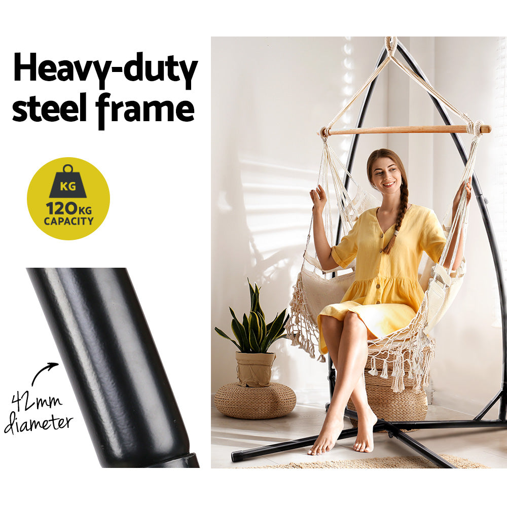Gardeon Outdoor Hammock Chair with Steel Stand Tassel Hanging Rope Hammock Cream - image5