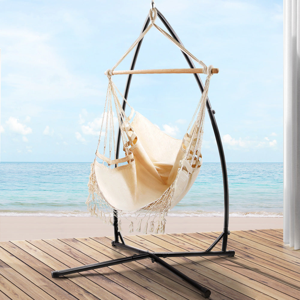 Gardeon Outdoor Hammock Chair with Steel Stand Tassel Hanging Rope Hammock Cream - image8