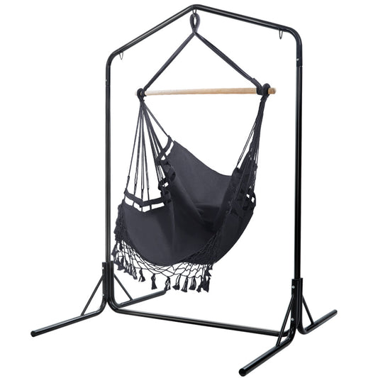Gardeon Outdoor Hammock Chair with Stand Tassel Hanging Rope Hammocks Grey - image1