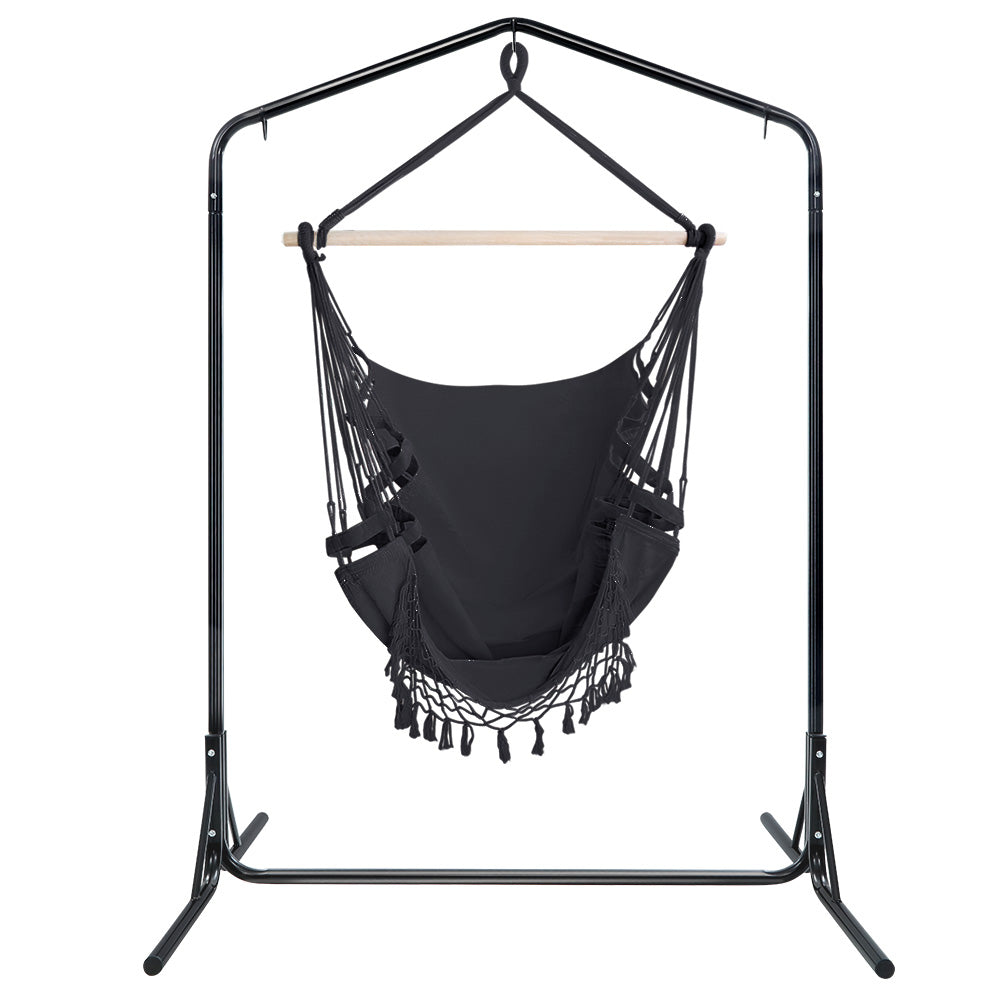Gardeon Outdoor Hammock Chair with Stand Tassel Hanging Rope Hammocks Grey - image3