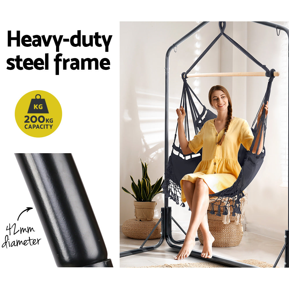 Gardeon Outdoor Hammock Chair with Stand Tassel Hanging Rope Hammocks Grey - image5