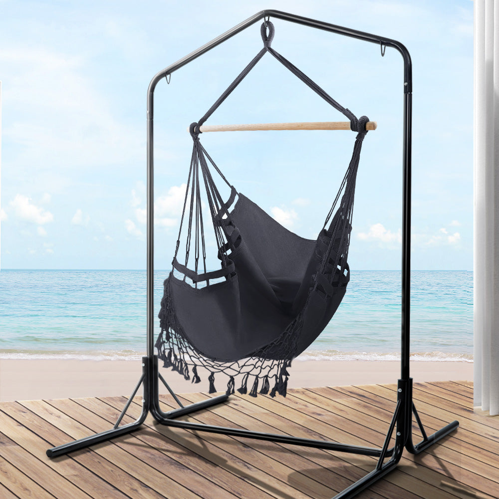 Gardeon Outdoor Hammock Chair with Stand Tassel Hanging Rope Hammocks Grey - image8
