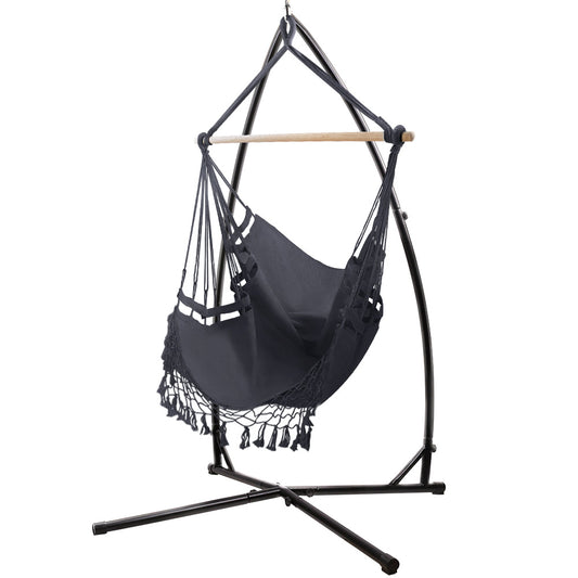 Gardeon Outdoor Hammock Chair with Steel Stand Tassel Hanging Rope Hammock Grey - image1