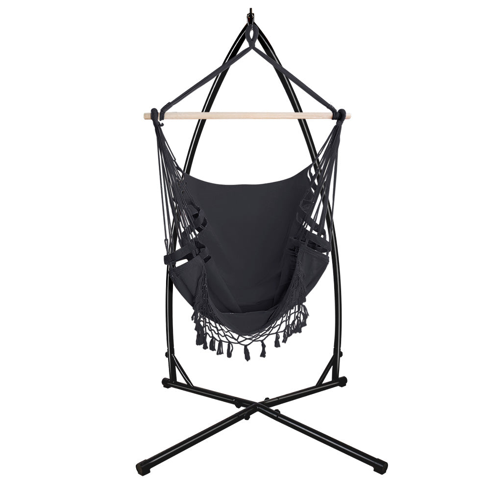 Gardeon Outdoor Hammock Chair with Steel Stand Tassel Hanging Rope Hammock Grey - image3