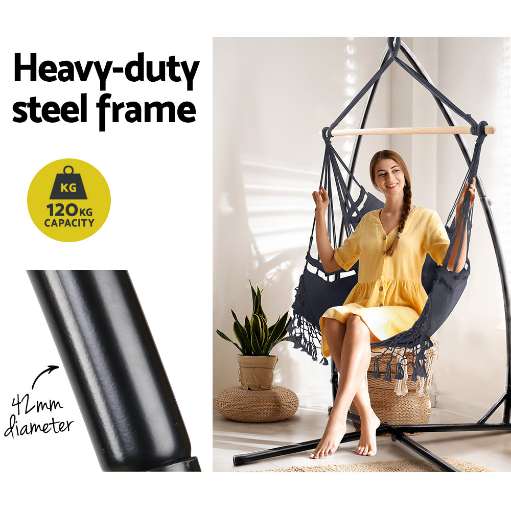 Gardeon Outdoor Hammock Chair with Steel Stand Tassel Hanging Rope Hammock Grey - image5