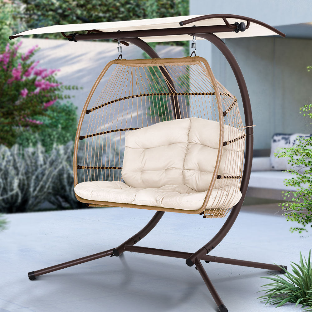 Outdoor Furniture Lounge Hanging Swing Chair Egg Hammock Stand Rattan Wicker Latte - image8