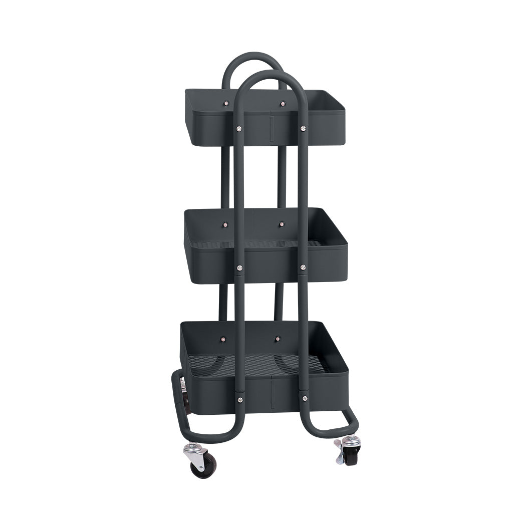 3 Tiers Kitchen Trolley Cart Steel Storage Rack Shelf Organiser Wheels Grey - image2