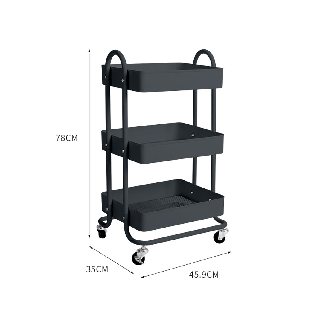 3 Tiers Kitchen Trolley Cart Steel Storage Rack Shelf Organiser Wheels Grey - image3