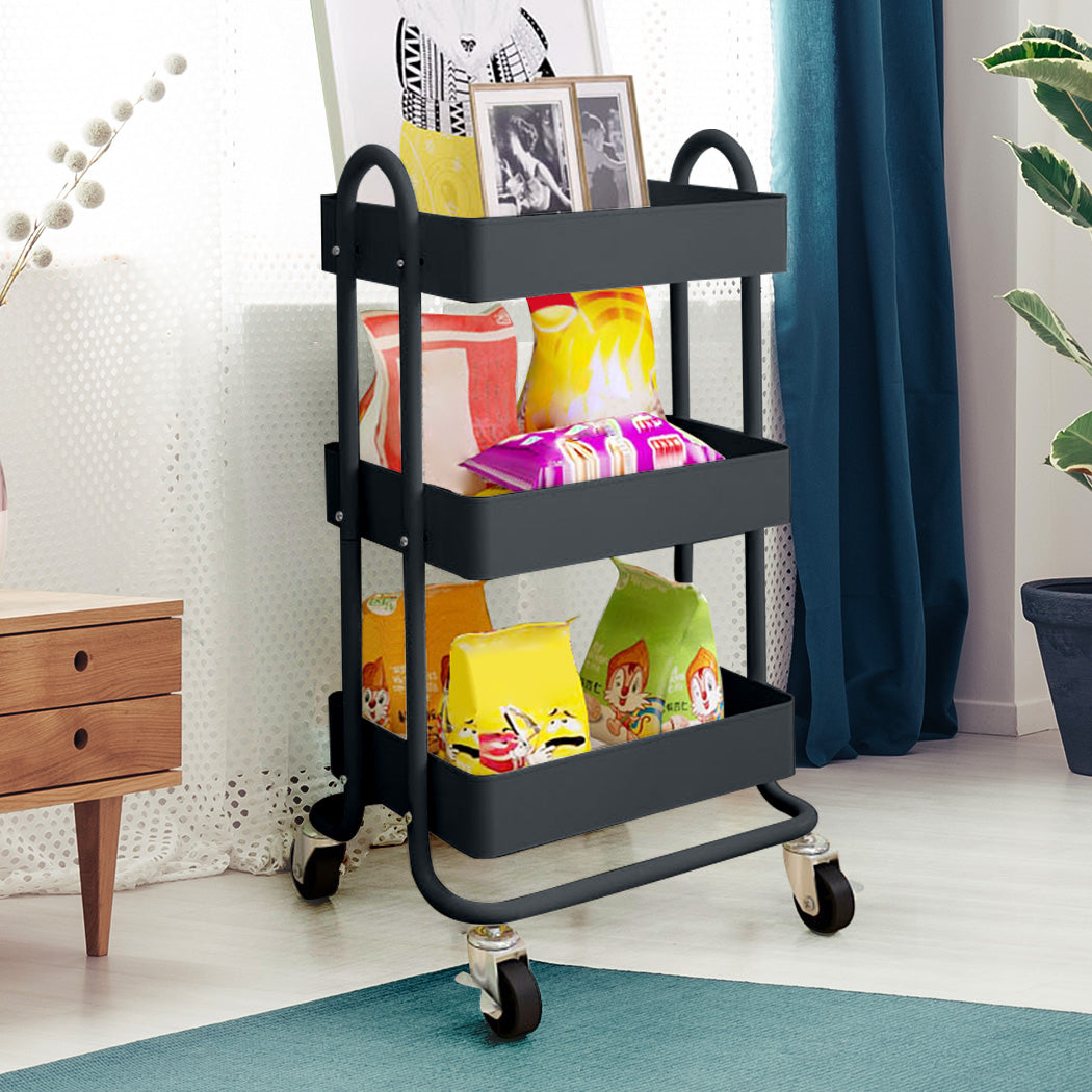 3 Tiers Kitchen Trolley Cart Steel Storage Rack Shelf Organiser Wheels Grey - image8