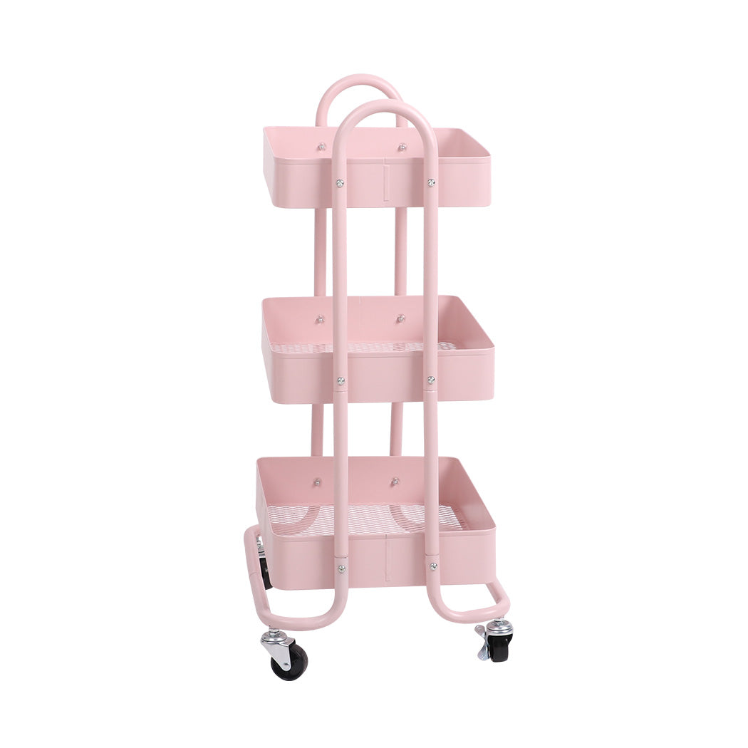 3 Tiers Kitchen Trolley Cart Steel Storage Rack Shelf Organiser Wheels Pink - image2