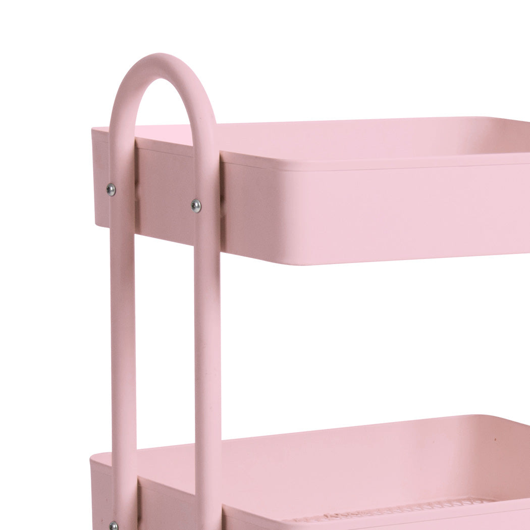 3 Tiers Kitchen Trolley Cart Steel Storage Rack Shelf Organiser Wheels Pink - image4