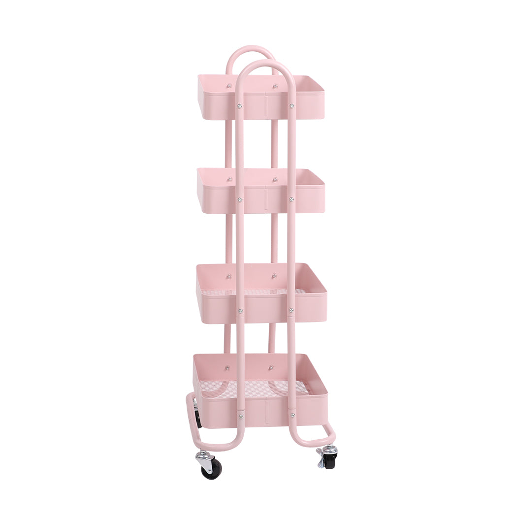 4 Tiers Kitchen Trolley Cart Steel Storage Rack Shelf Organiser Pink - image2