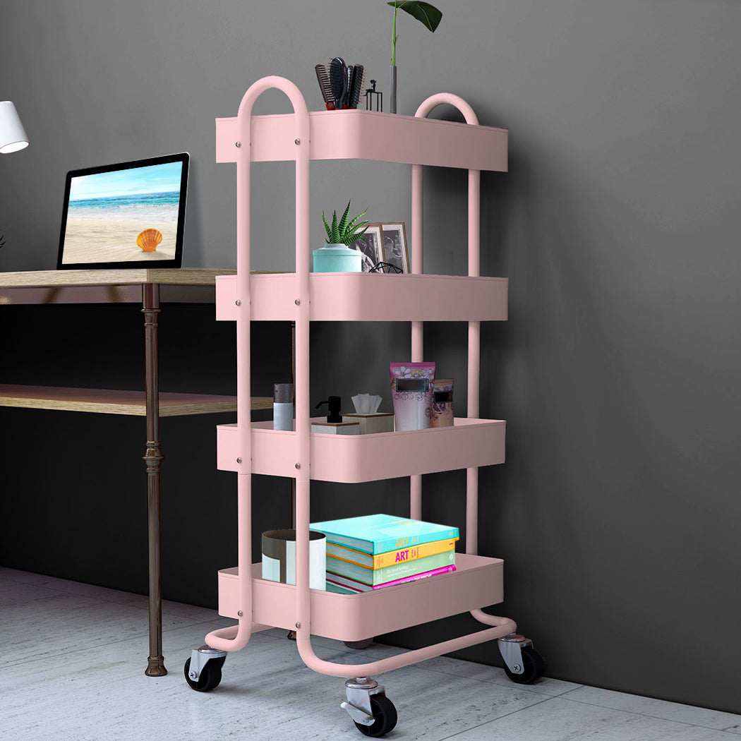 4 Tiers Kitchen Trolley Cart Steel Storage Rack Shelf Organiser Pink - image7