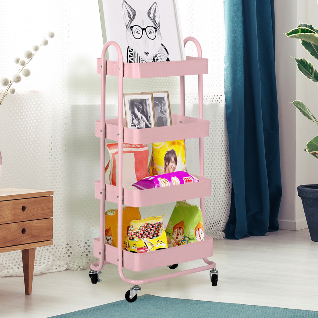 4 Tiers Kitchen Trolley Cart Steel Storage Rack Shelf Organiser Pink - image8