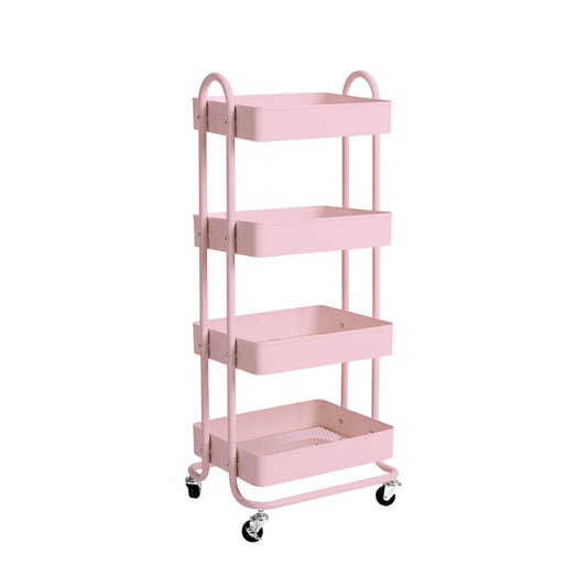 4 Tiers Kitchen Trolley Cart Steel Storage Rack Shelf Organiser Pink - image1