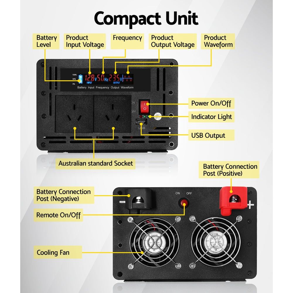 Giantz Power Inverter 12V to 240V 2500W/5000W Pure Sine Wave Camping Car Boat - image6