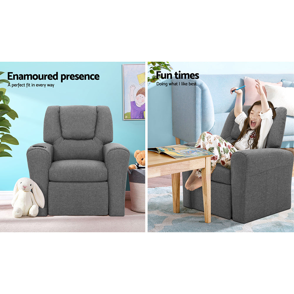 Kids Recliner Chair Grey Linen Soft Sofa Lounge Couch Children Armchair - image4