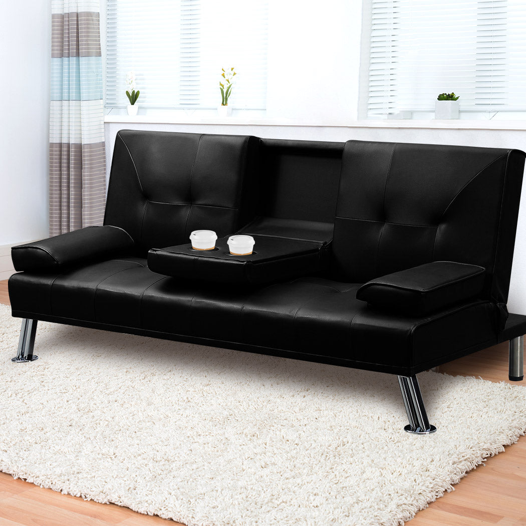 Adjustable Sofa Bed Lounge Futon Couch Leather Beds 3 Seater Cup Holder Recliner Black - image8