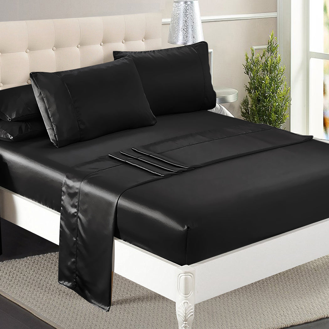 DreamZ Silky Satin Sheets Fitted Flat Bed Sheet Pillowcases Summer Double Black - image8