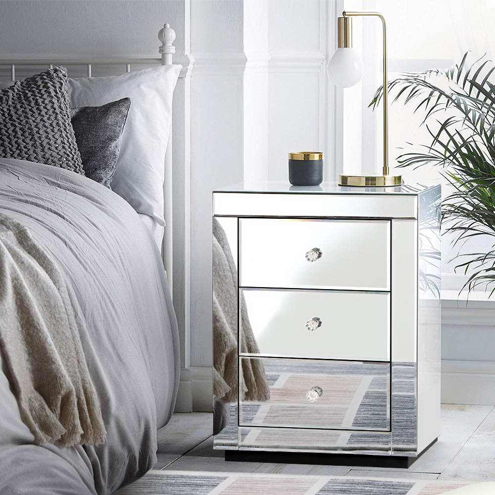 Mirrored Bedside Table Drawers Furniture Mirror Glass Presia Silver - image7