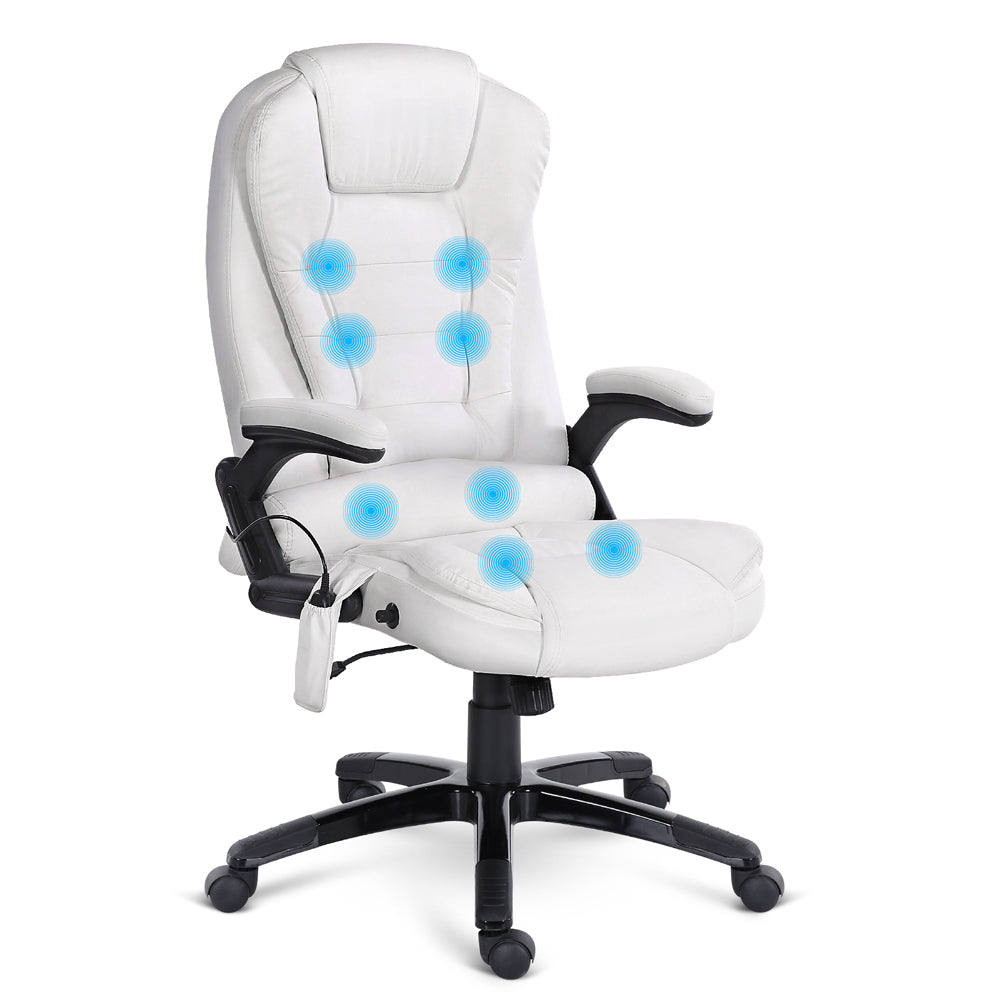 8 Point PU Leather Reclining Massage Chair - White - image1