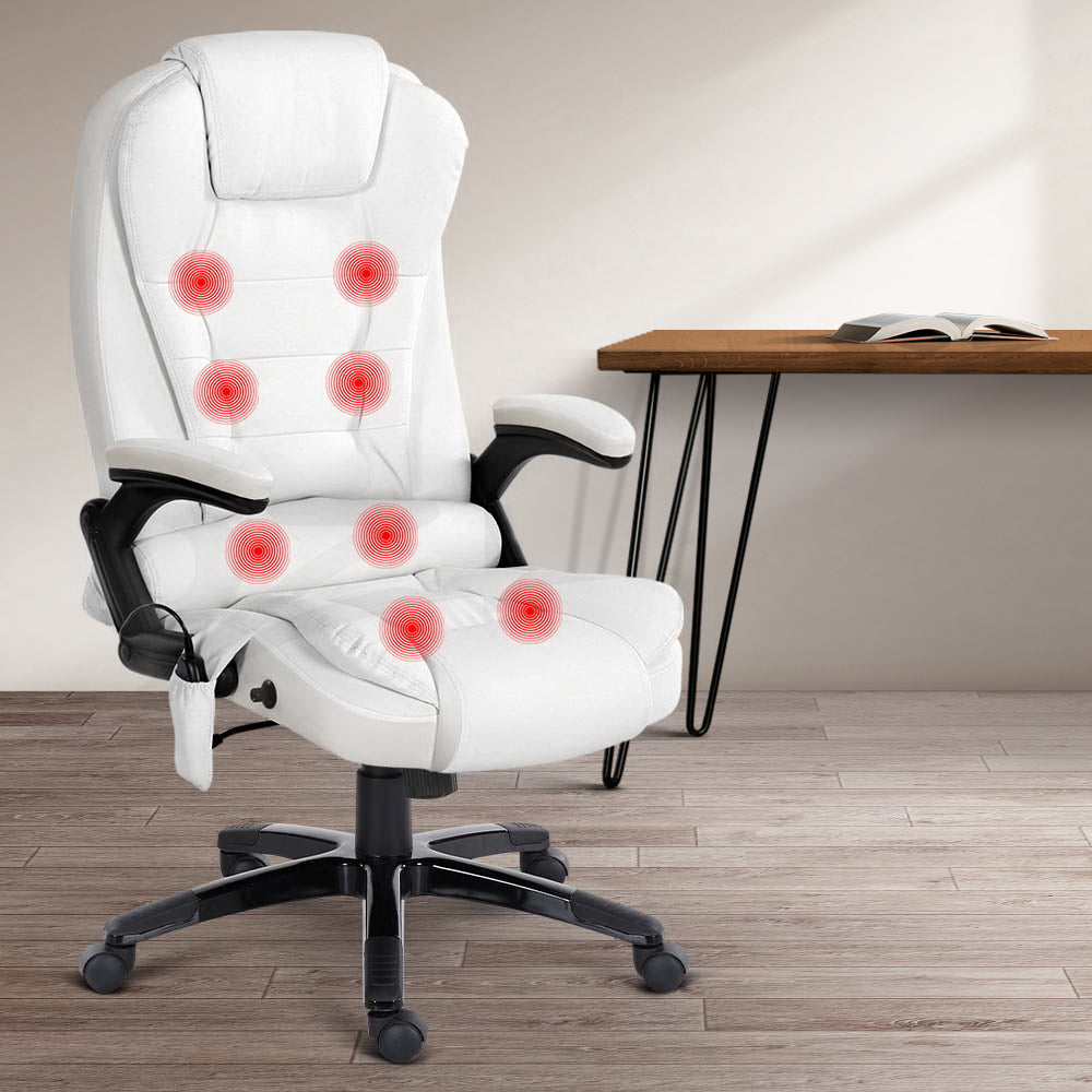 8 Point PU Leather Reclining Massage Chair - White - image7