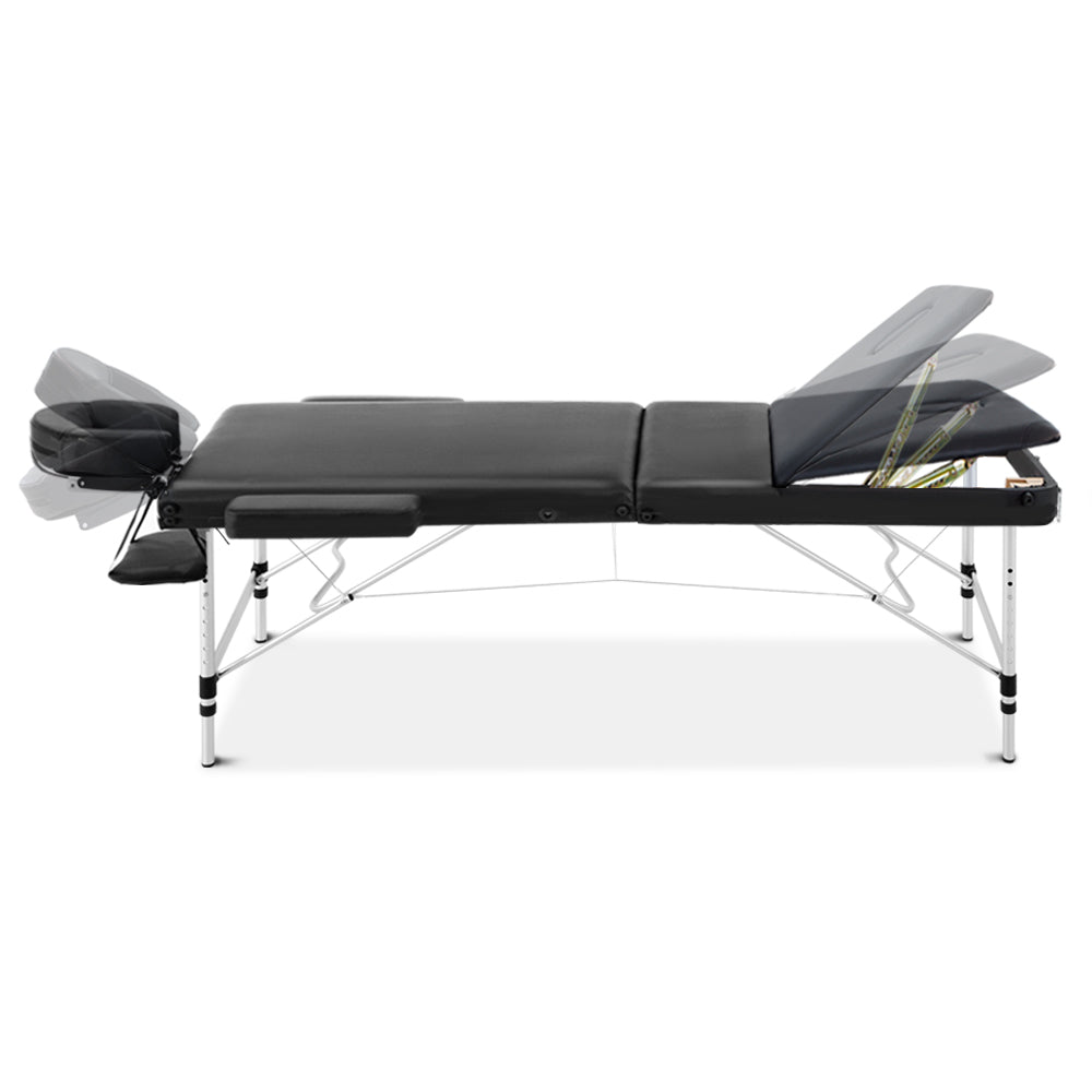 70cm Wide Portable Aluminium Massage Table 3 Fold Treatment Beauty Therapy Black - image3