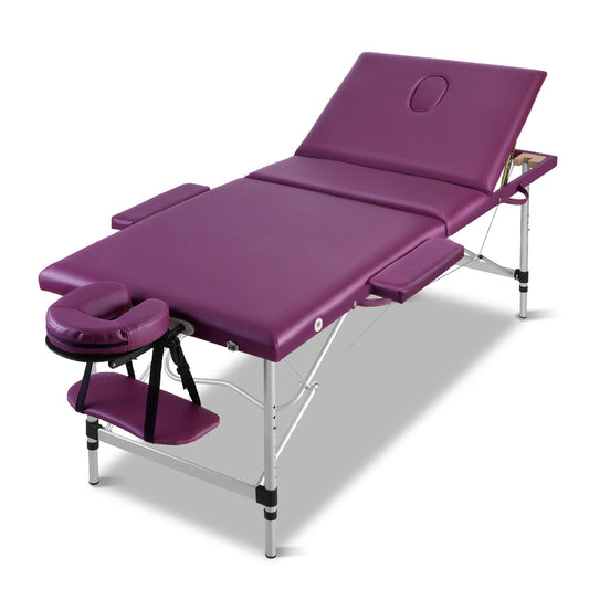 3 Fold Portable Aluminium Massage Table Massage Bed Beauty Therapy Purple 75cm - image1