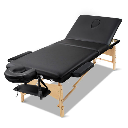60cm Wide Portable Wooden Massage Table 3 Fold Treatment Beauty Therapy Black - image1