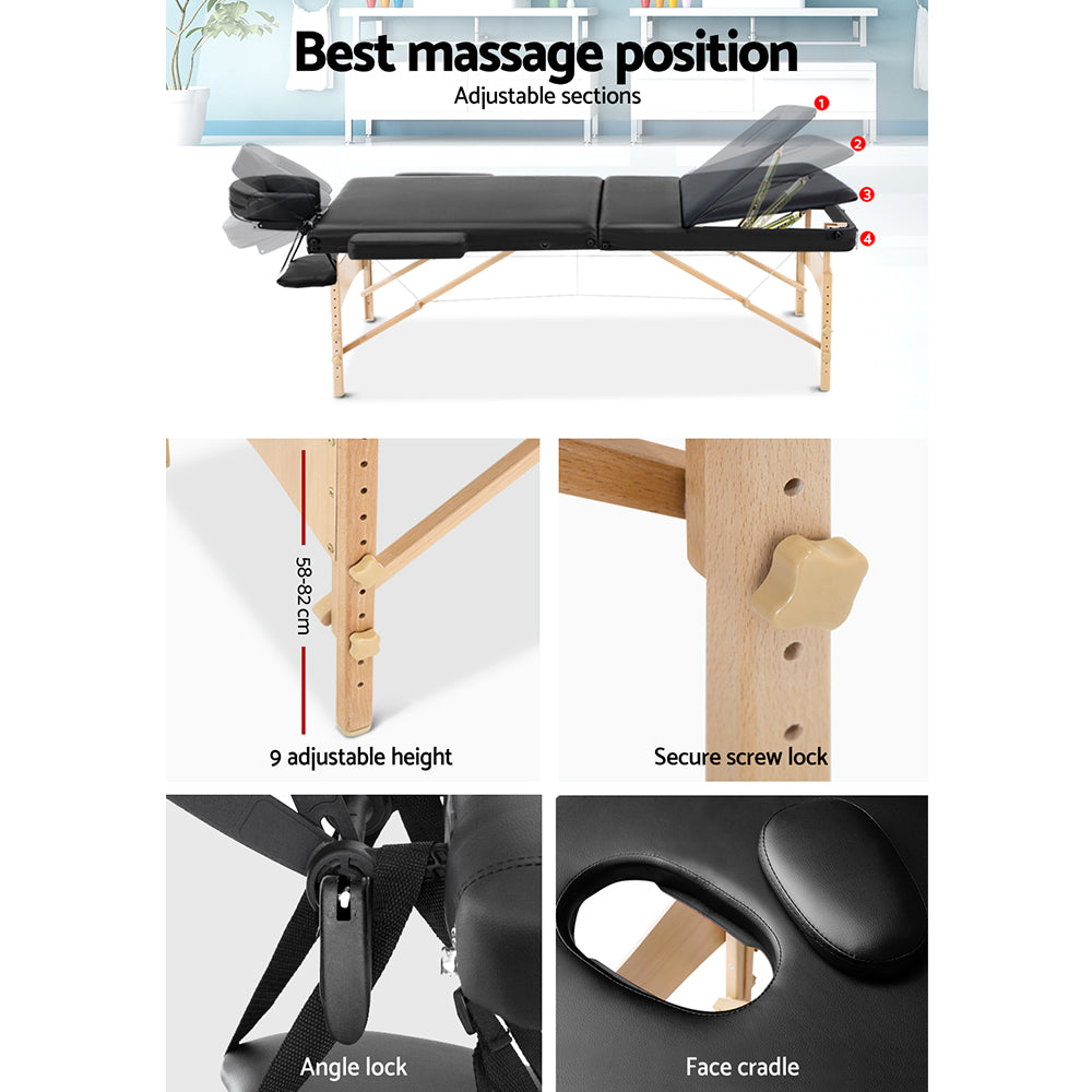 60cm Wide Portable Wooden Massage Table 3 Fold Treatment Beauty Therapy Black - image5