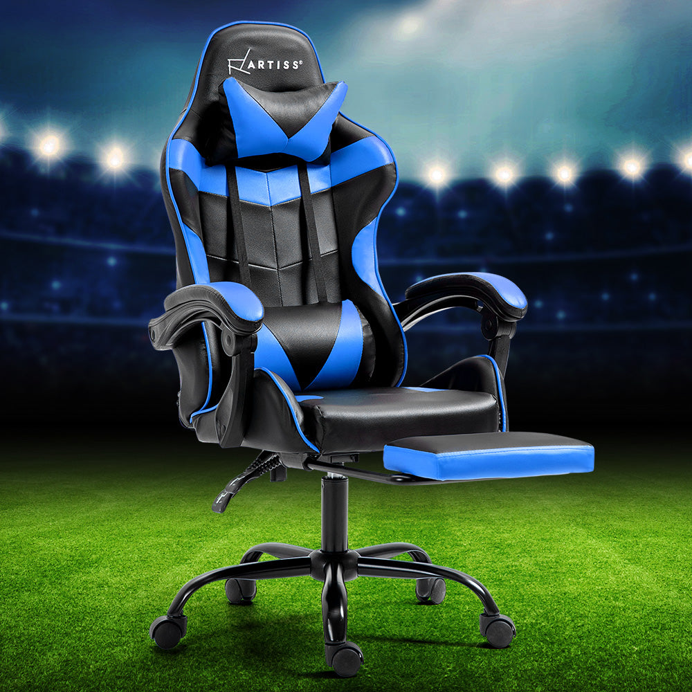 Office Chair Leather Gaming Chairs Footrest Recliner Study Work Blue - image8