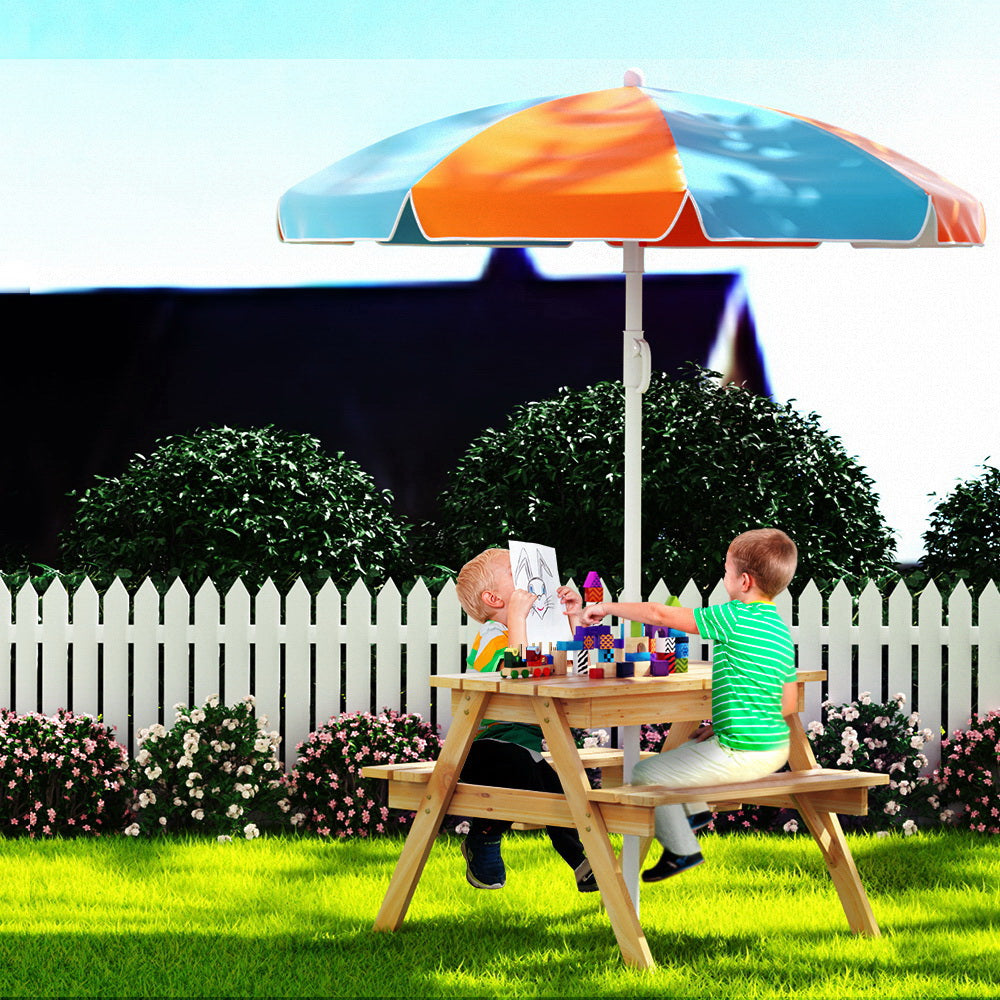 Keezi Kids Outdoor Table and Chairs Picnic Bench Set Umbrella Water Sand Pit Box - image8