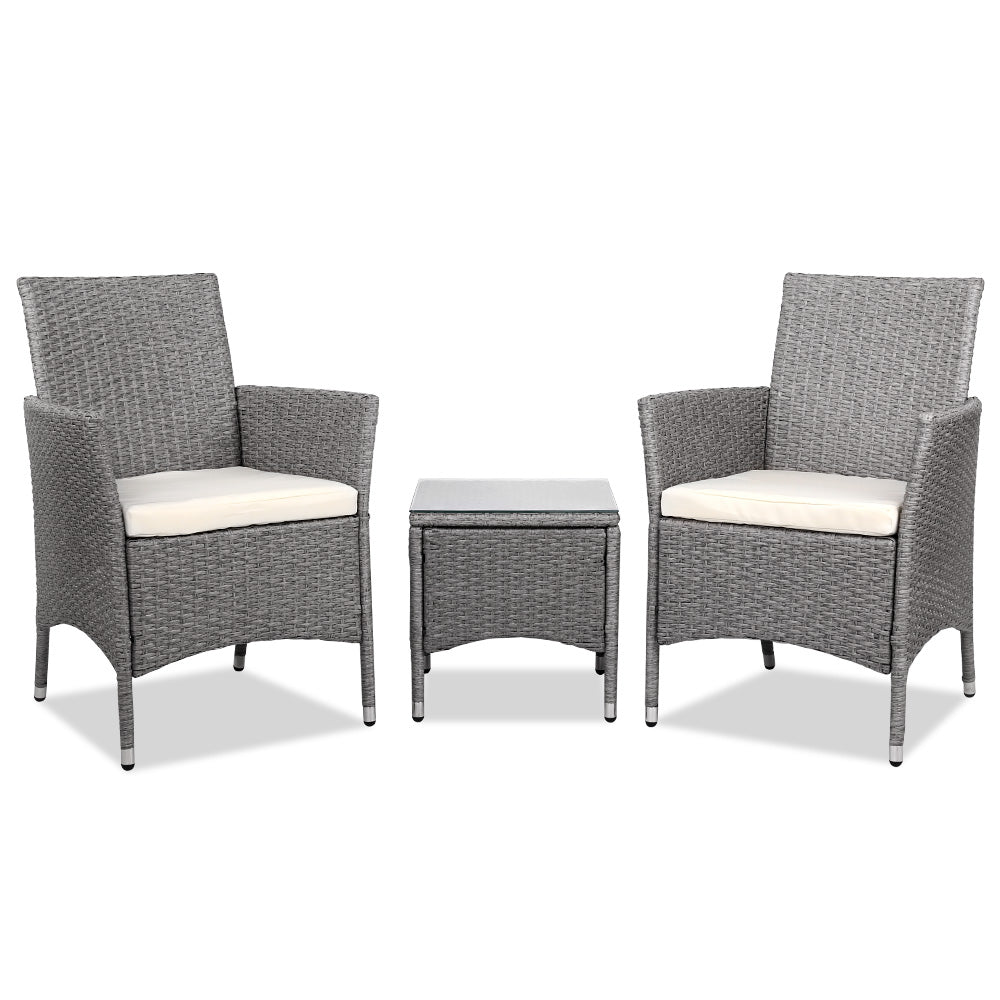 3 Piece Wicker Outdoor Chair Side Table Furniture Set - Grey - image1