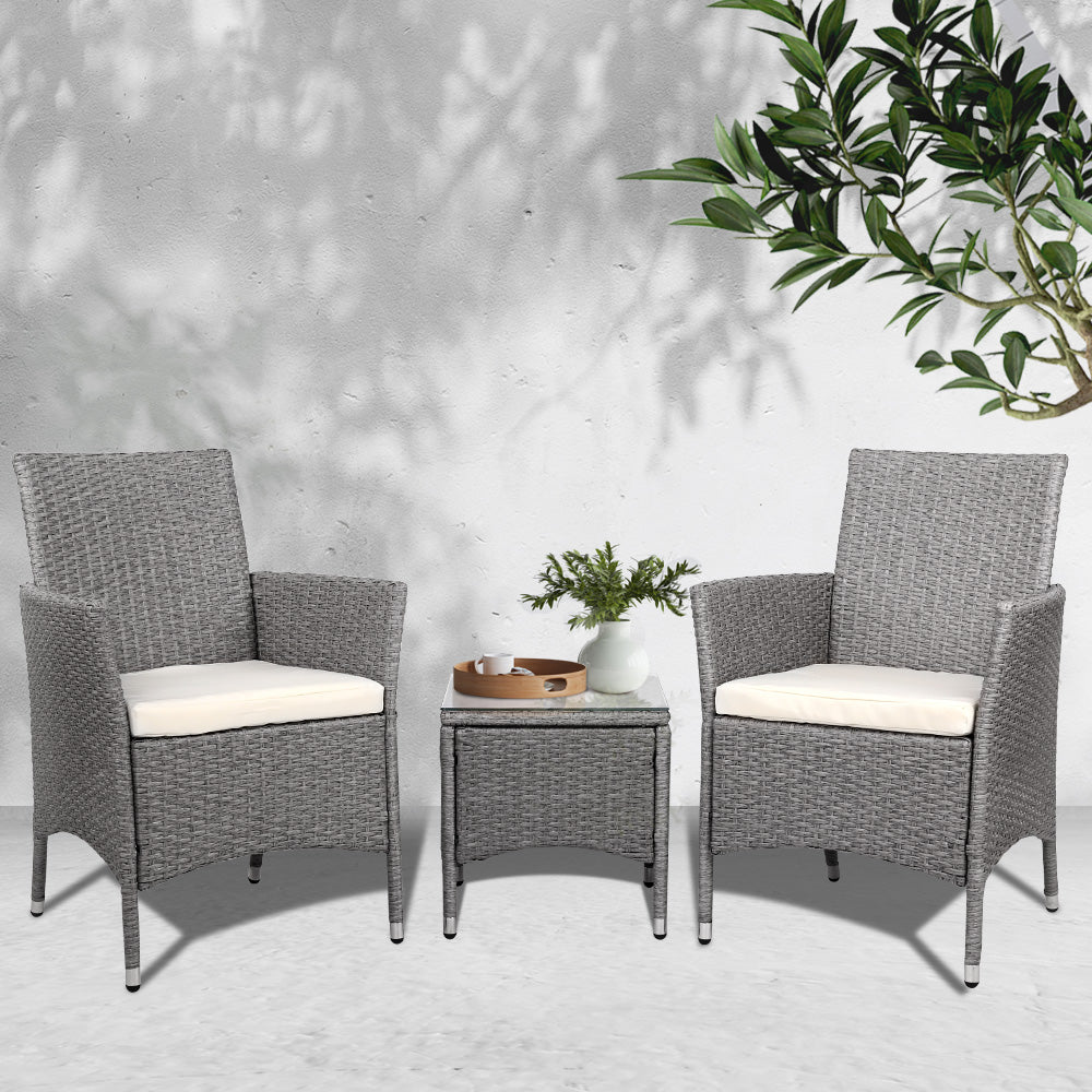 3 Piece Wicker Outdoor Chair Side Table Furniture Set - Grey - image7