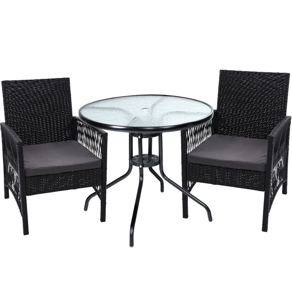 Outdoor Furniture Dining Chairs Wicker Garden Patio Cushion Black 3PCS Tea Coffee Cafe Bar Set - image1