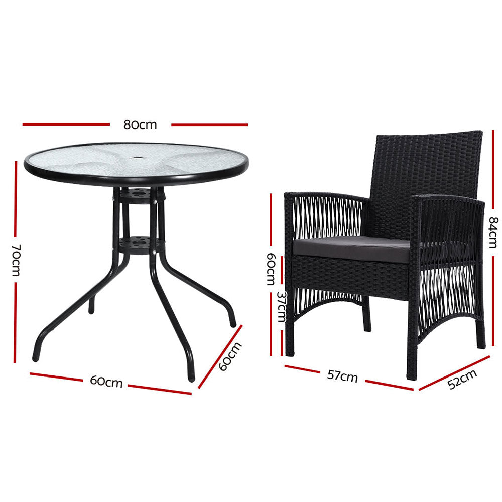 Outdoor Furniture Dining Chairs Wicker Garden Patio Cushion Black 3PCS Tea Coffee Cafe Bar Set - image2