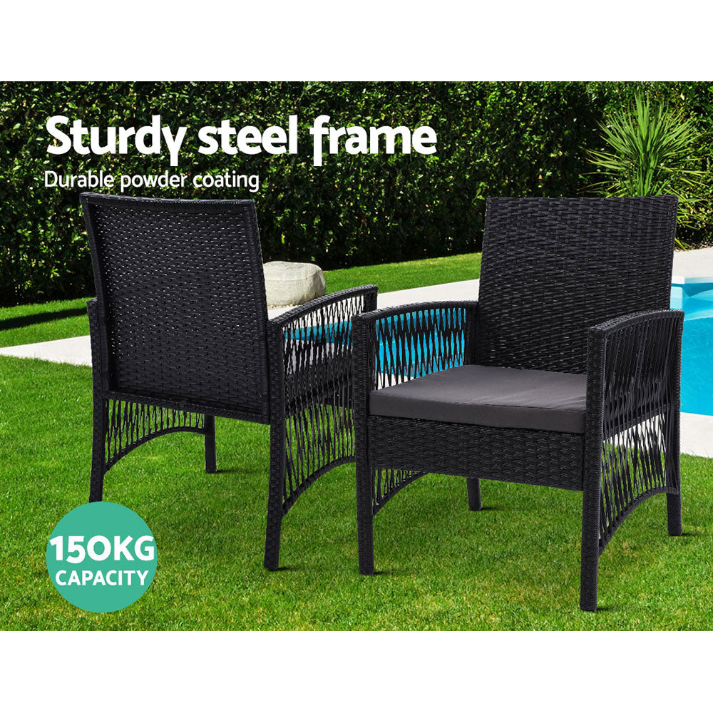 Outdoor Furniture Dining Chairs Wicker Garden Patio Cushion Black 3PCS Tea Coffee Cafe Bar Set - image4