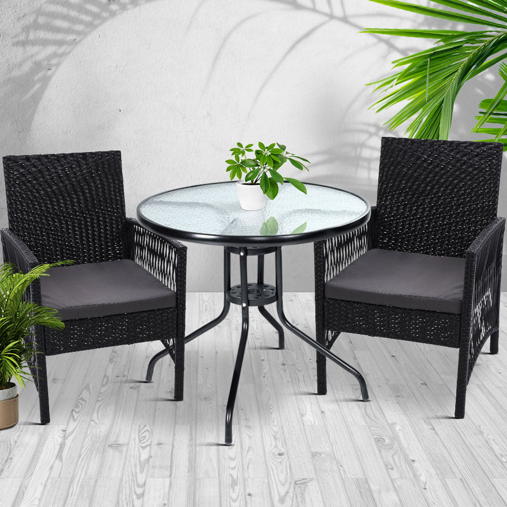 Outdoor Furniture Dining Chairs Wicker Garden Patio Cushion Black 3PCS Tea Coffee Cafe Bar Set - image7