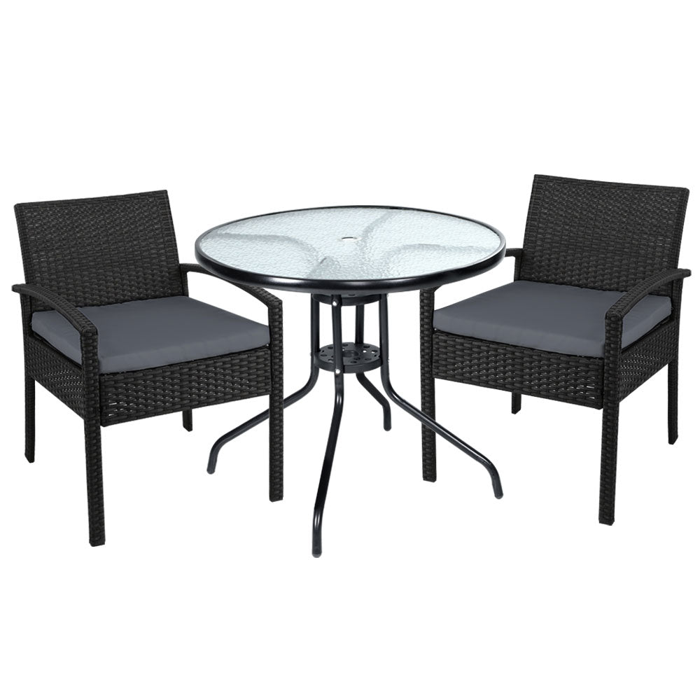 Outdoor Furniture Dining Chairs Wicker Garden Patio Cushion Black 3PCS Sofa Set Tea Coffee Cafe Bar Set - image1