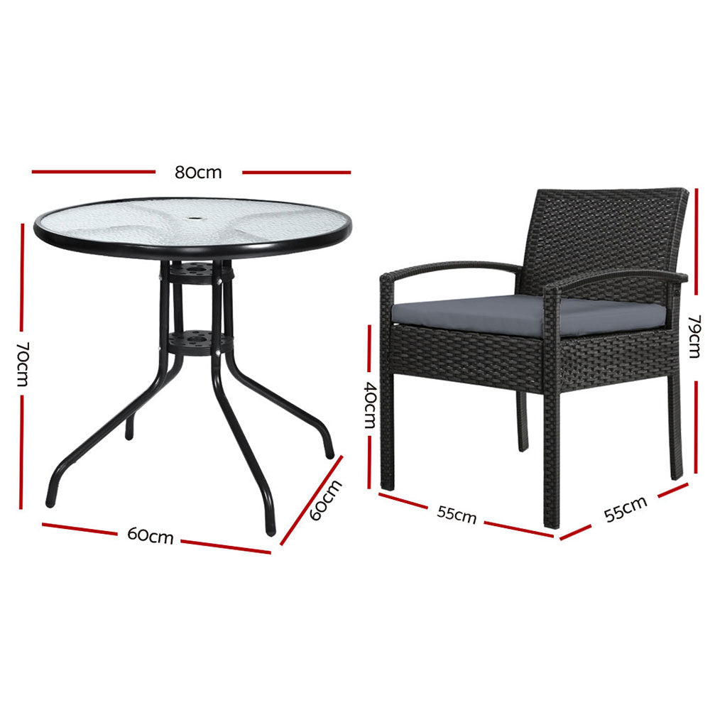 Outdoor Furniture Dining Chairs Wicker Garden Patio Cushion Black 3PCS Sofa Set Tea Coffee Cafe Bar Set - image2